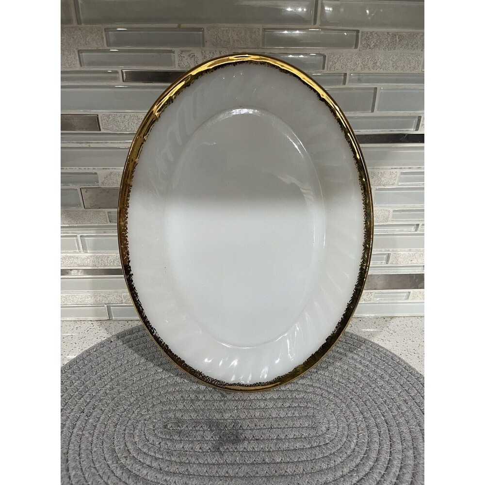Vintage Fire King Oven Ware White Milk Glass Swirl Oval Serving Platter Gold Rim